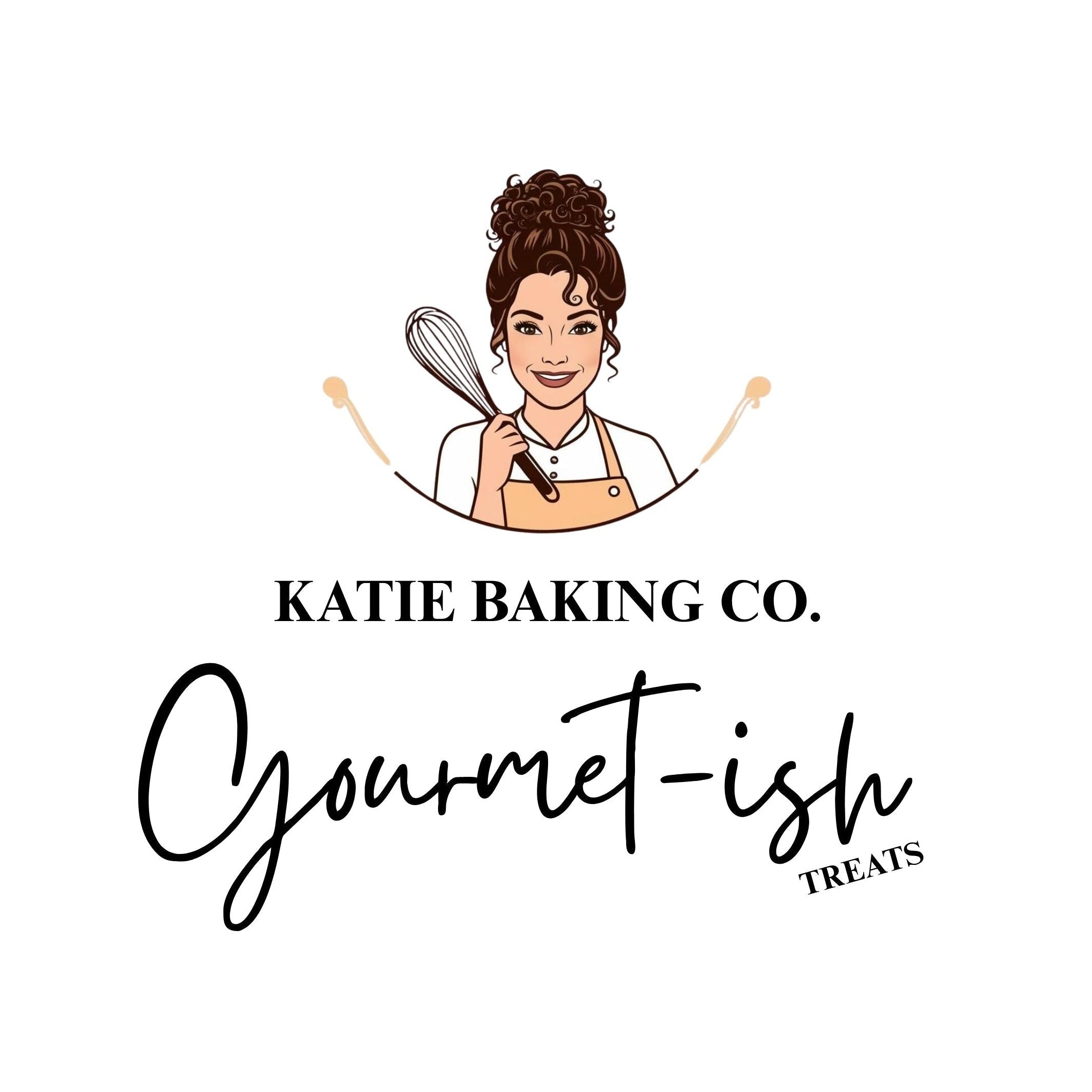 Logo of Katie Baking Co. with a stylized illustration of a woman holding a spoon and knife, set against a white background.